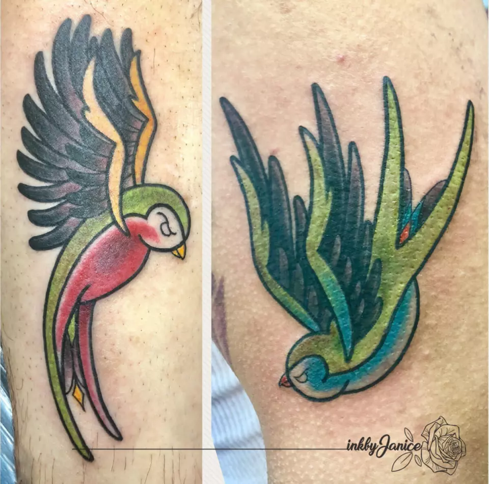 A pair of traditional swallow tattoos on a man's arm.