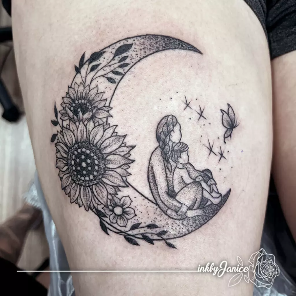 Fantasy tattoo featuring a woman on a crescent amidst sunflowers, available in Katy and Houston.