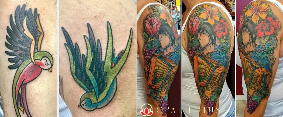 A woman's sleeve tattoo celebrating life milestones with a parrot and flowers.