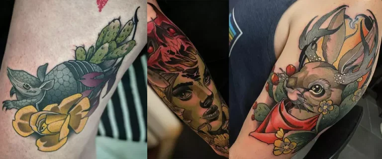 Two stunning neotraditional tattoos on a person's arm, showcasing bold and elegant artwork.