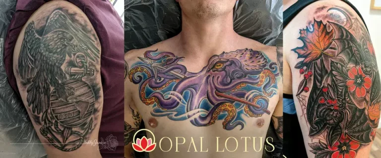 Opal lotus tattoos showcasing top tattoo trends in 2022 in San Diego, California.