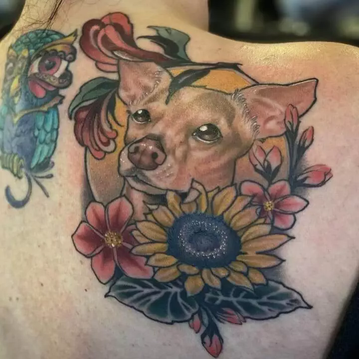 Chihuahua tattoo on woman's back.