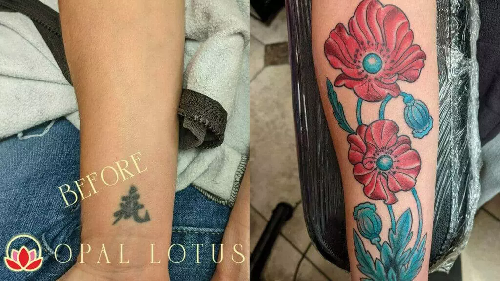 A woman's arm with a Katy Perry tattoo partially covered up by a lotus flower design.