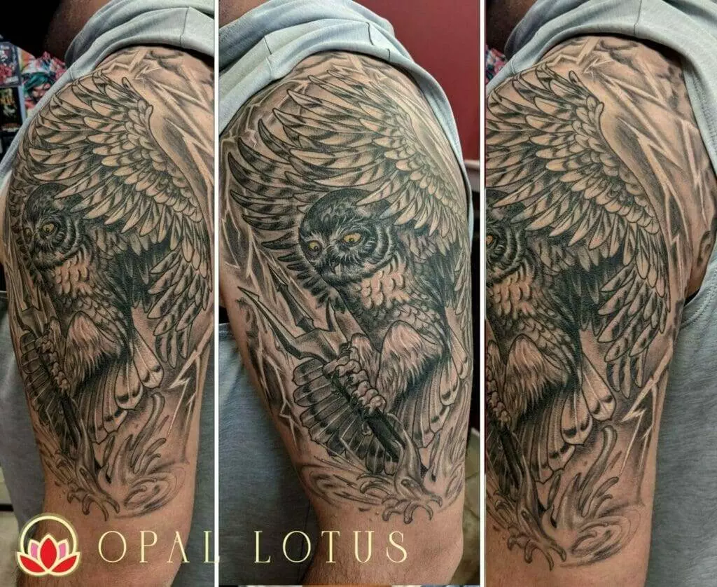 A man's sleeve tattoo featuring an owl in Houston.