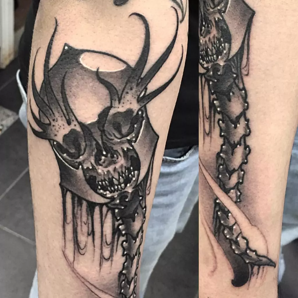 A black and grey neotraditional forearm tattoo featuring a skull.