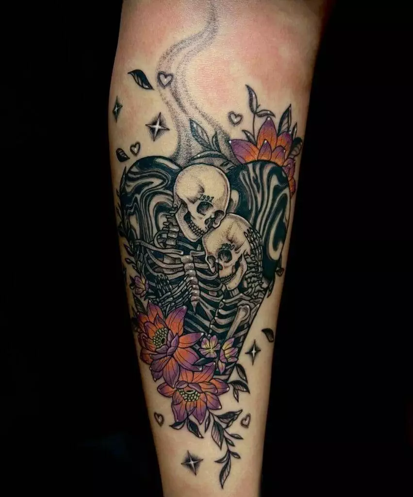 leg, tattoo, skeleton, flowers.